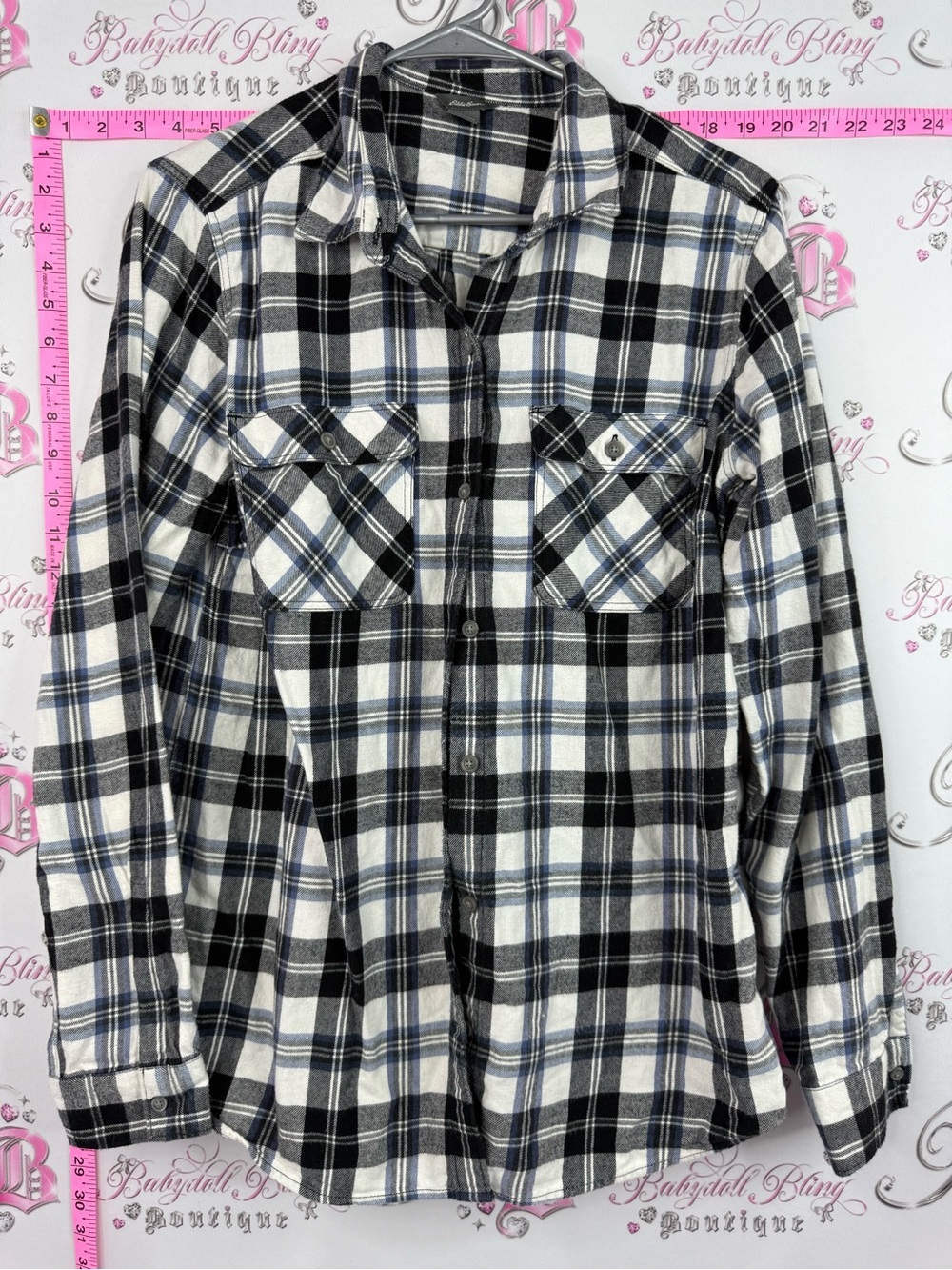 Eddie Bauer shirt Black White and Navy Plaid Button-Up Flannel Shirt
